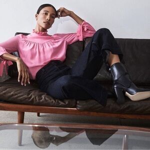 G. Label by Goop Ashley Silk Ruffle High Neck Yoke Bow Tie Blouse in Pink size 8